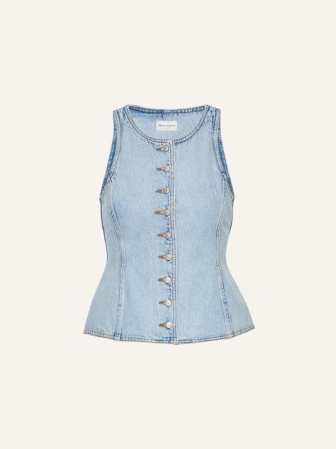 Round neck denim waistcoat in light blue