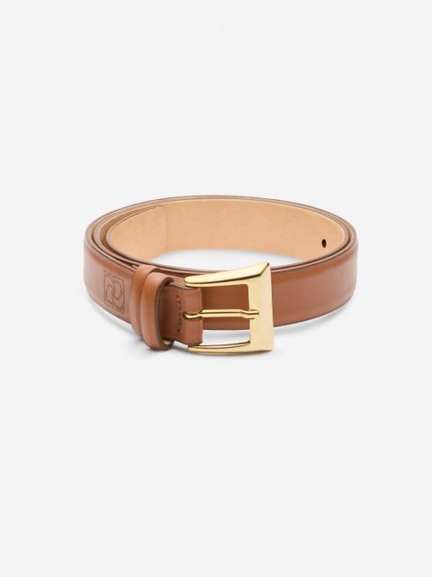 Classic buckle leather belt in camel and gold
