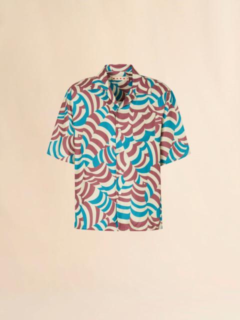 BROWN AND TURQUOISE TWILL BOWLING SHIRT WITH YOYO PRINT