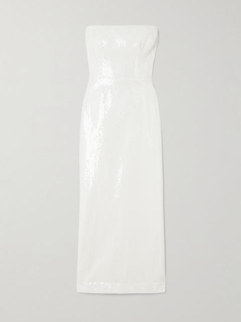 Strapless sequined crepe midi dress White