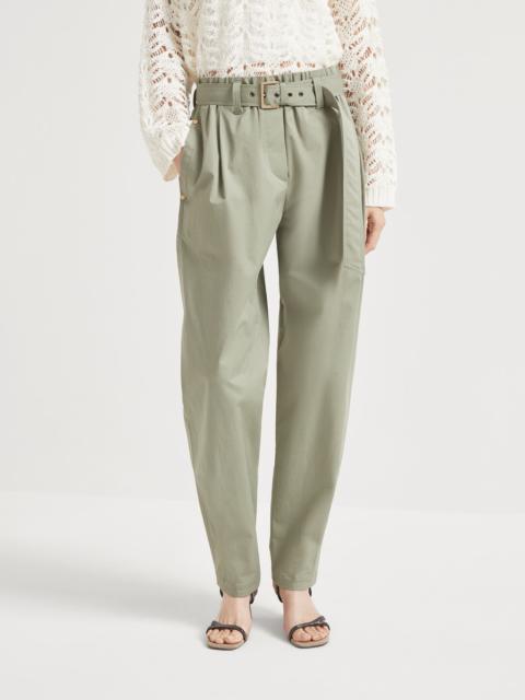Stretch cotton gabardine baggy belted pull on trousers