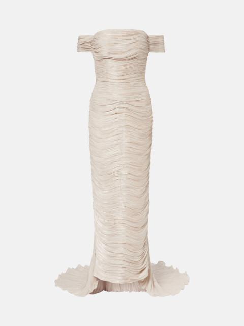Off-shoulder pleated bustier gown