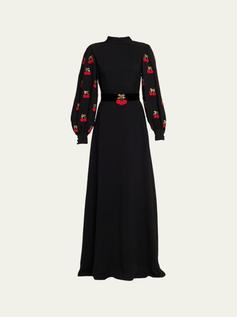 Cherry Embroidered Belted Puff-Sleeve Gown