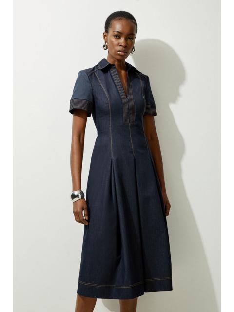 Tailored Denim Full Skirted Midi Shirt Dress
