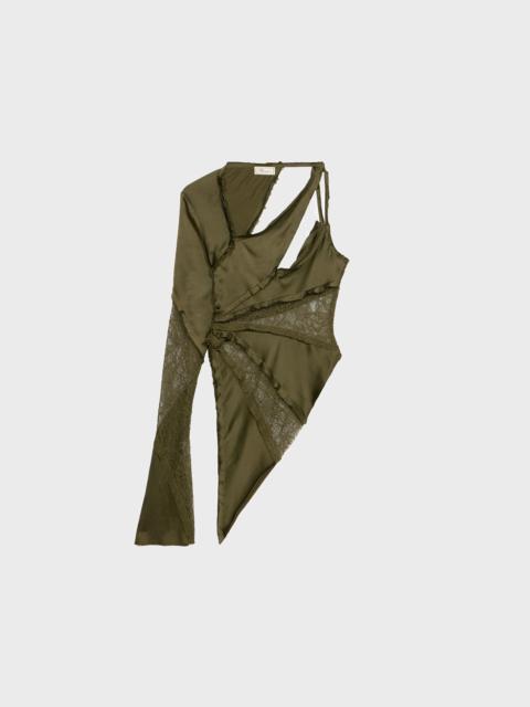 ASYMMETRIC SATIN AND CHANTILLY LACE TOP