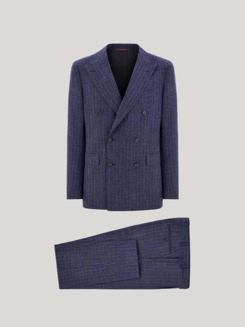 BLUE WOOL, SILK AND LINEN DOUBLE-BREASTED MODERN-FIT PINSTRIPE SUIT