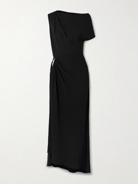 The Lowery One-sleeve Asymmetric Embellished Pinstriped Twill Dress