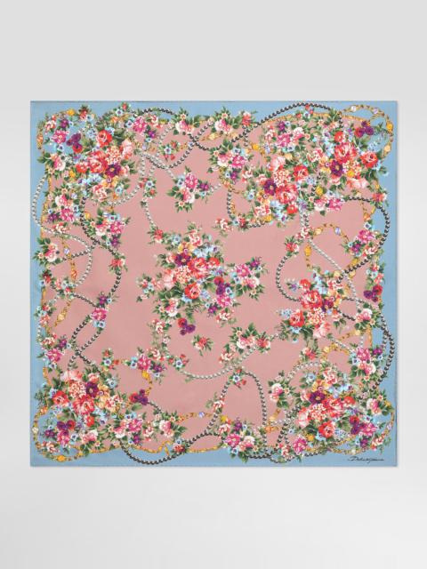 Small flower bouquets-print silk twill scarf 70x70