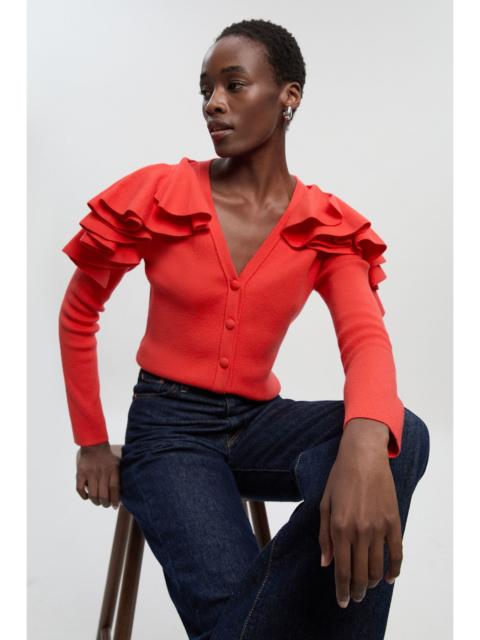 Compact Wool Look Ruffle V Neck Cardigan