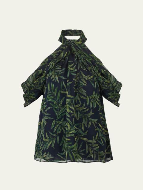 Olive-Print Draped Cold-Shoulder Chiffon Halter Blouse