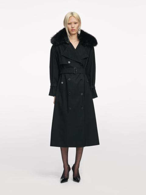 Black Twill Fur Collar Trench Coat