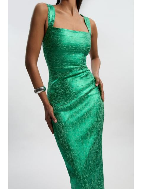 Foil Metallic Figure Form Strappy Knit Maxi Dress