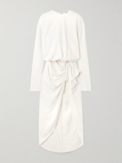 Cadence Ruched Ruffled Crepe Maxi Dress