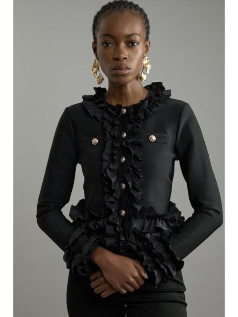 Figure Form Bandage Knit Jacket With Woven Ruffle Trim