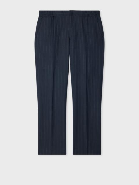 Navy Wool-Linen Pinstripe Elasticated Waist Trousers