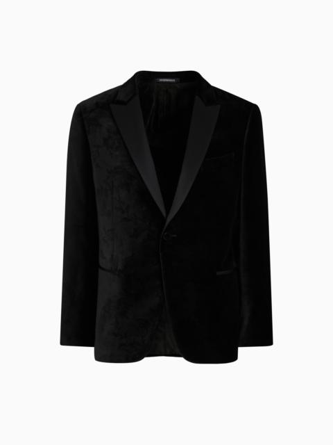 VELVET TUXEDO JACKET WITH ALL-OVER PRINTED MOTIF
