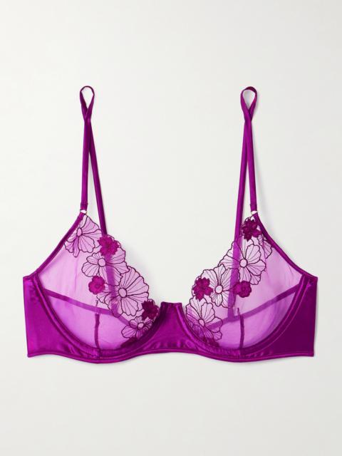 Violet Satin-trimmed Appliquéd Embroidered Tulle Underwired Soft-cup Bra