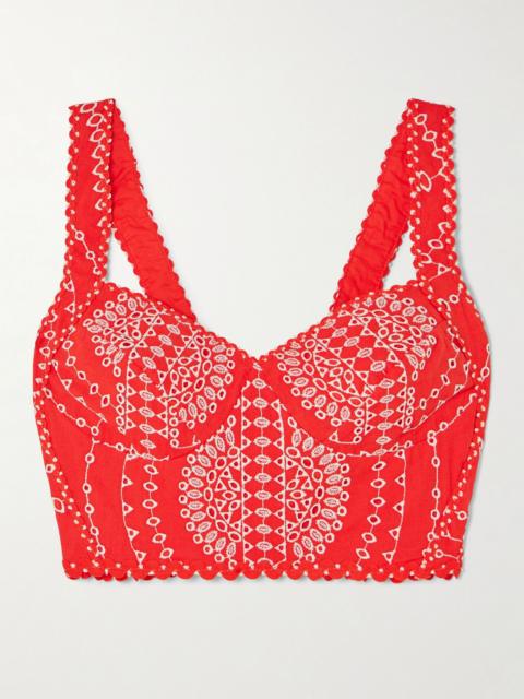 Goldie broderie anglaise cotton-blend bustier top Red