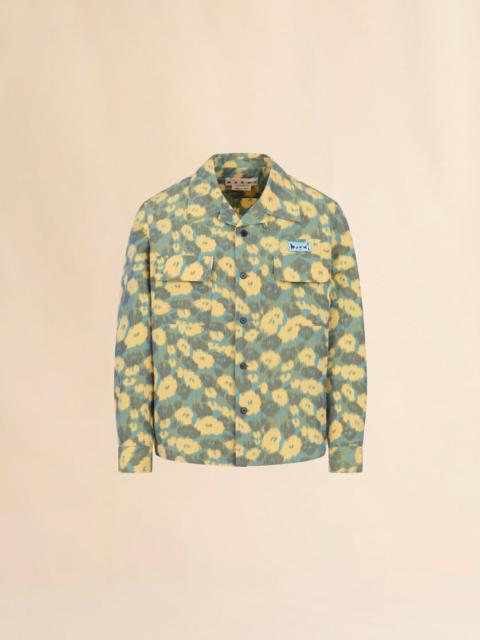 GREEN LINEN BLEND SHIRT WITH BLURRY FLORAL PRINT