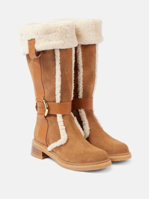 New Ring suede and shearling knee-high boots