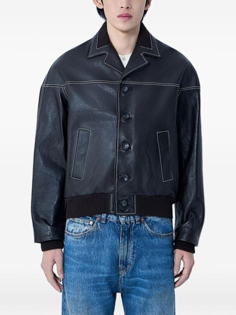 ribbed trims notched leather jacket