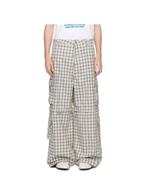 Off-White & Blue Zip-Off Plaid Cargo Pants