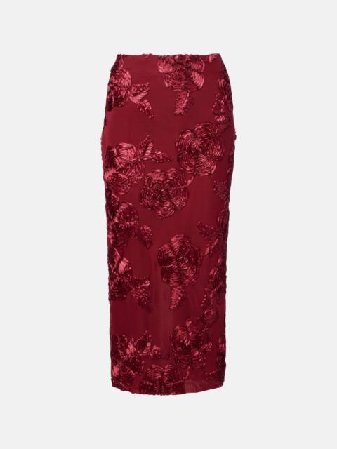 Floral-appliqué mesh pencil skirt