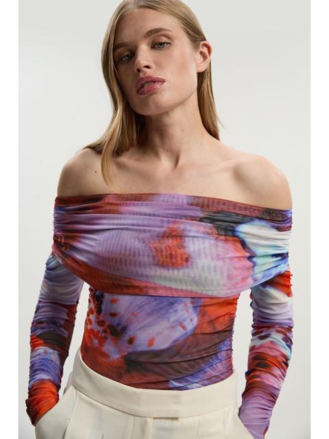 Floral Printed Mesh Off The Shoulder Bodysuit