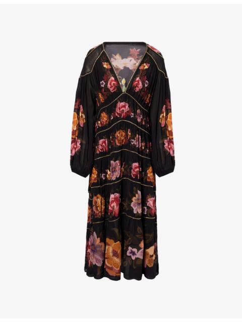 Chenille Flowers Long-Sleeve Woven Maxi Dress
