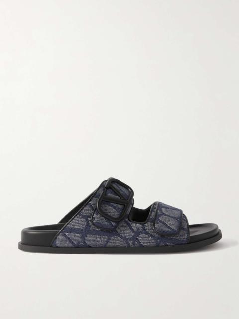 Leather-Trimmed Logo-Jacquard Denim Slides