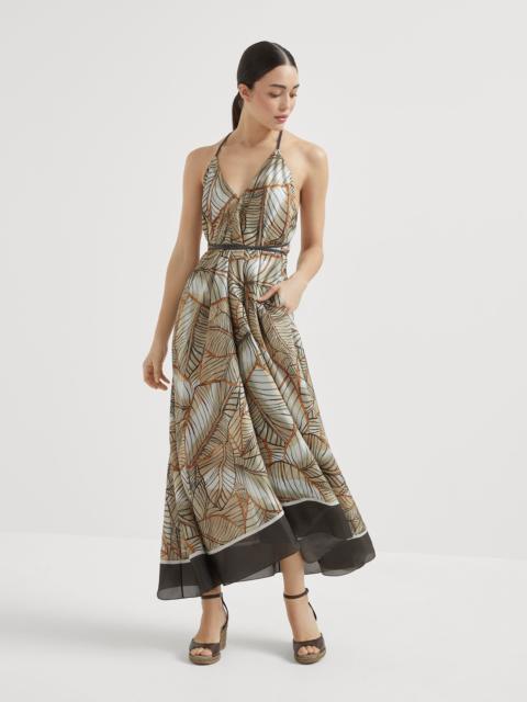 Silk papyrus print pongée dress with precious straps