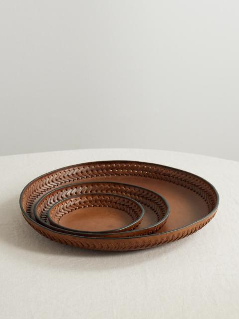 Set Of Three Whipstitched Leather Trays