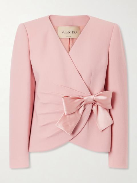 Bow-detailed Satin-trimmed Gathered Wool-crepe Jacket
