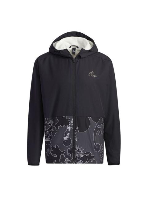 adidas Aop Block Colorblock Windproof Fleece Lined Stay Warm Hooded Jacket Black GT6484