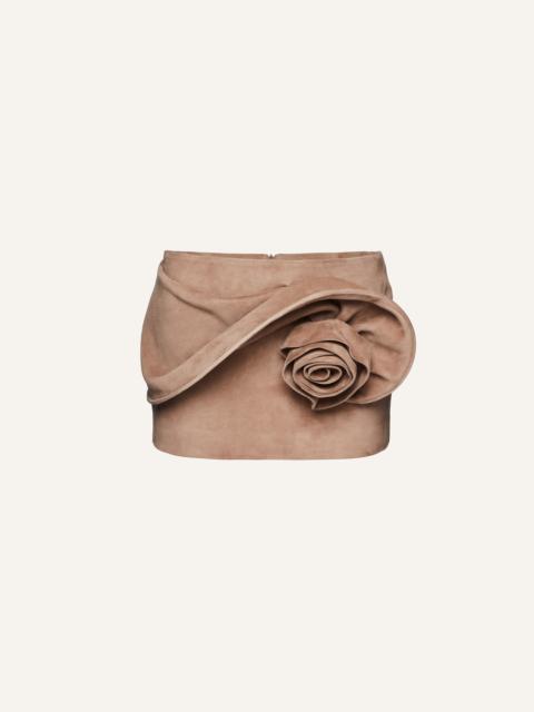 Low waist floral appliqué mini skirt in beige suede