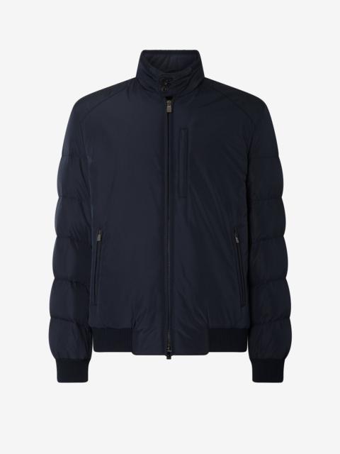 Blue techno poplin down bomber jacket