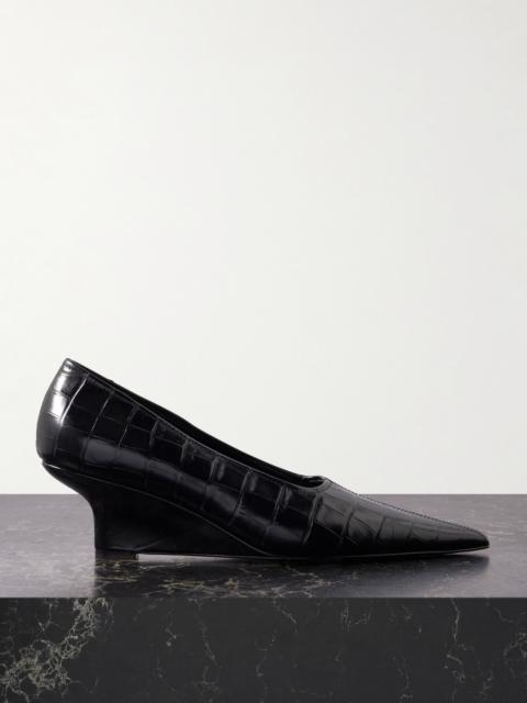 Croc-effect Leather Wedge Pumps
