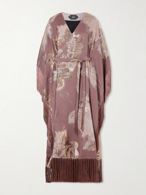 Dawn Royale Belted Fringed Embellished Crepe Kaftan