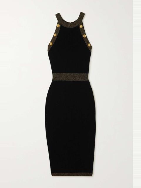 Button-embellished metallic ribbed-knit midi dress