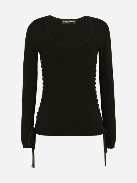 Viscose sweater with lacing and eyelets