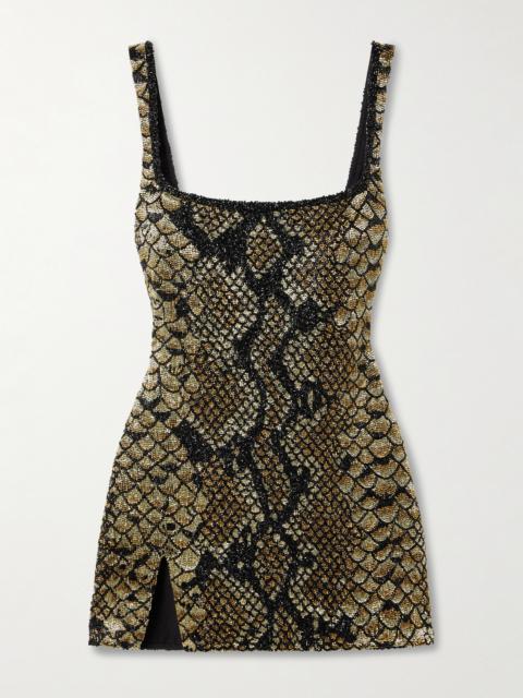 Medusa Embellished Snake-print Stretch-mesh Mini Dress