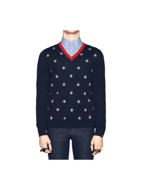 Gucci Bee Print V-Neck Sweater For Men Navy 431749-X1311-4696