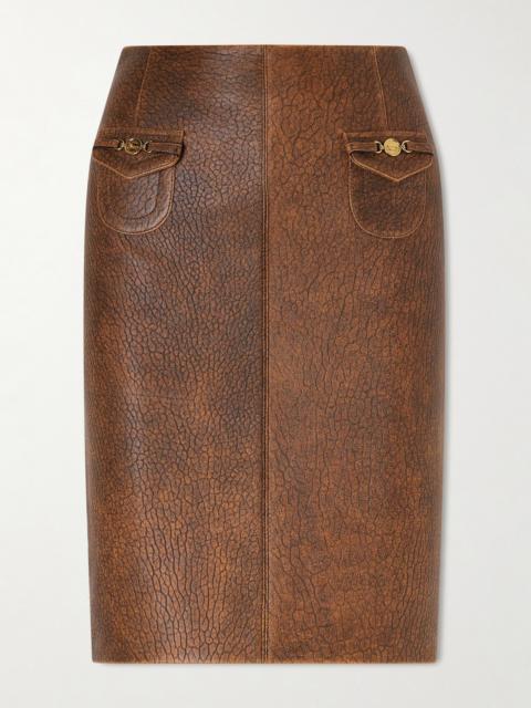 Horsebit-embellished Textured-leather Midi Skirt