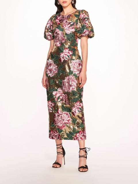 BUBBLE SLEEVE SEQUIN MIDI DRESS