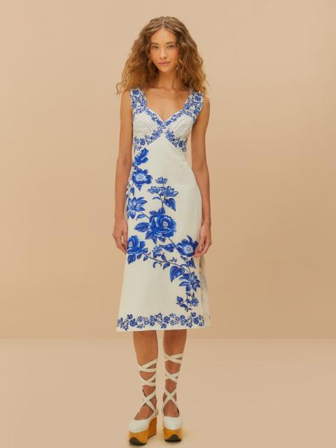 Off-White Floral Cascade Wavy Euroflax™ Premium Linen Midi Dress