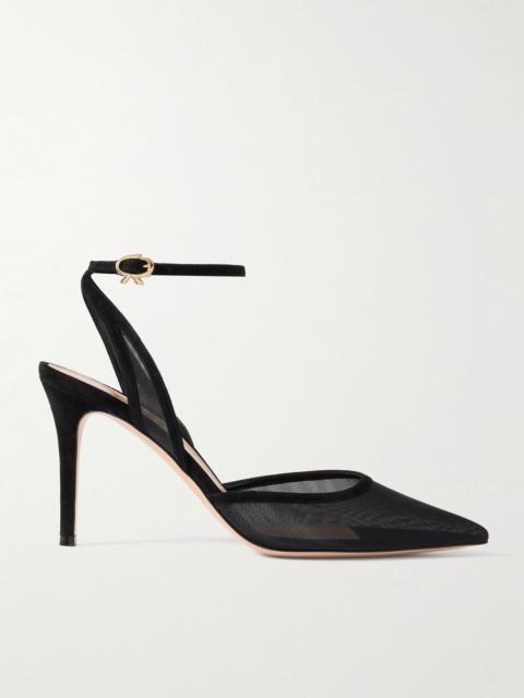 85 suede-trimmed mesh pumps Black