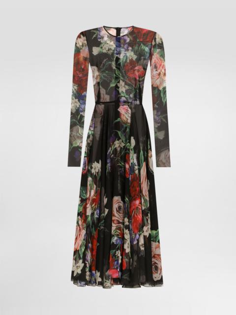 Floral-print chiffon calf-length dress with circle skirt