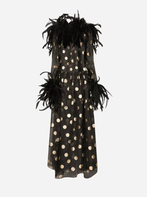 Long polka-dot silk organza dress with feathered details
