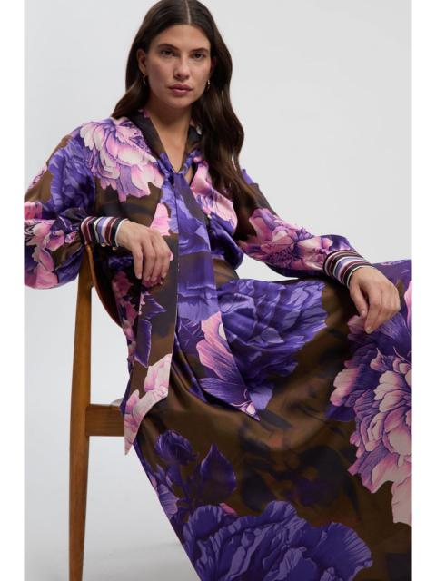 Petite Floral Print Hammered Satin Collared Woven Shirt Dress