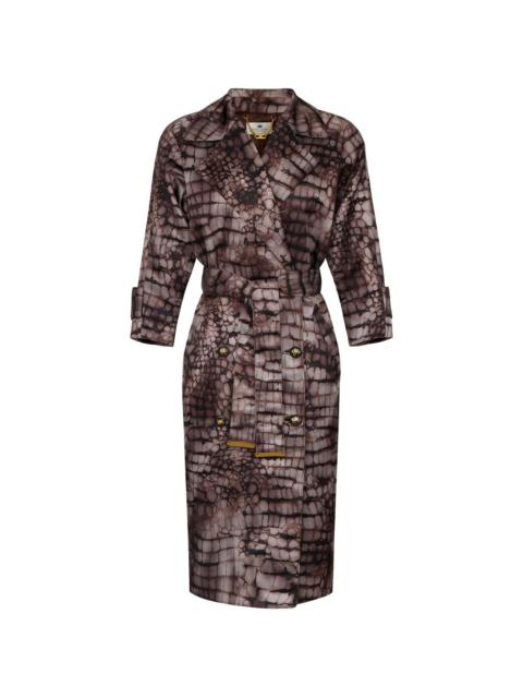Alligator-print double-breasted trench coat